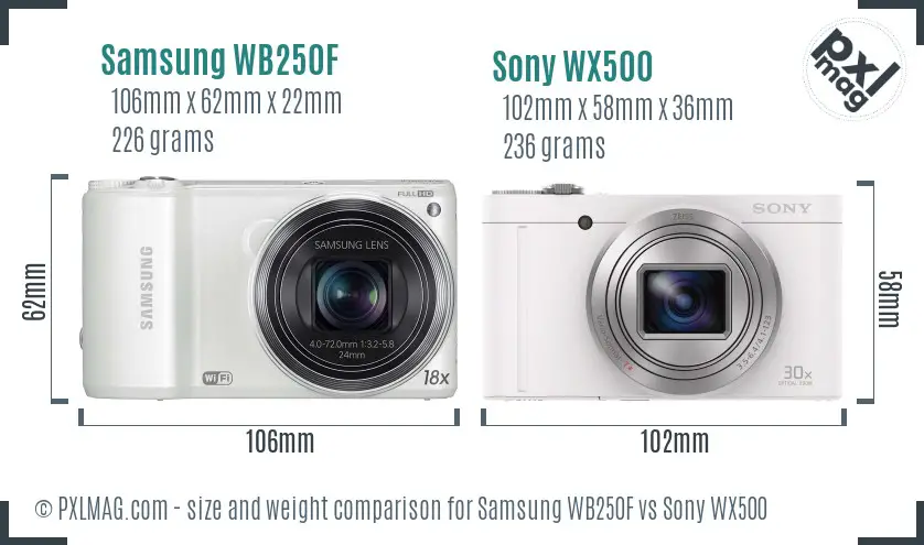 Samsung WB250F vs Sony WX500 size comparison