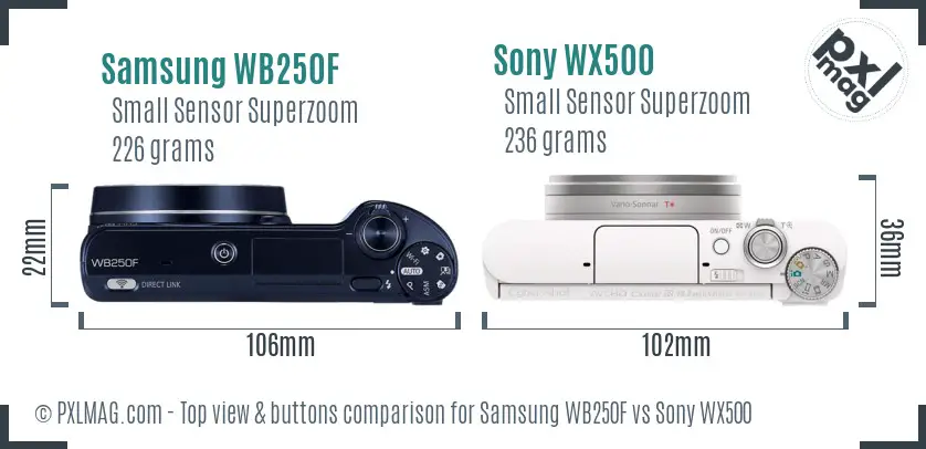 Samsung WB250F vs Sony WX500 top view buttons comparison