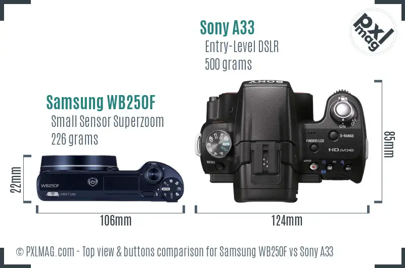 Samsung WB250F vs Sony A33 top view buttons comparison Samsung WB250F vs Sony A33 top view buttons comparison