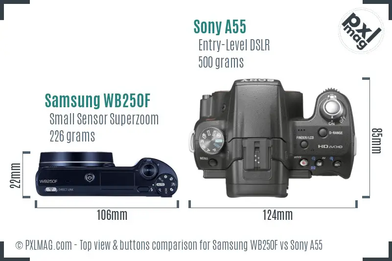 Samsung WB250F vs Sony A55 top view buttons comparison