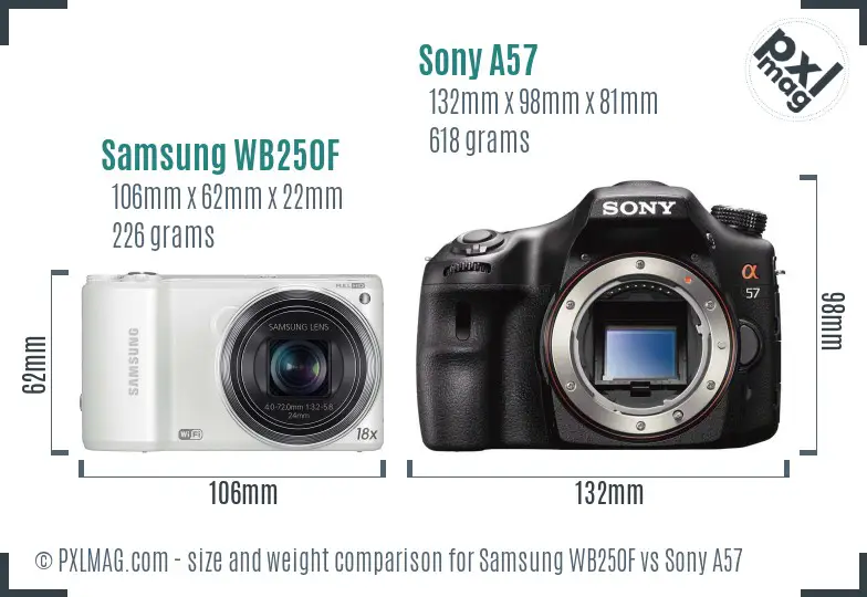 Samsung WB250F vs Sony A57 size comparison
