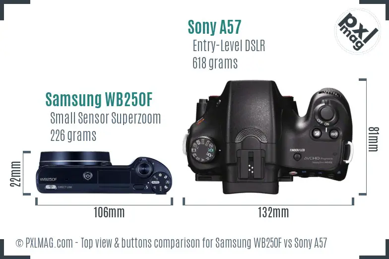 Samsung WB250F vs Sony A57 top view buttons comparison