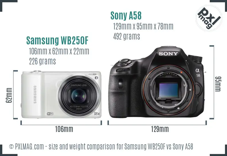 Samsung WB250F vs Sony A58 size comparison