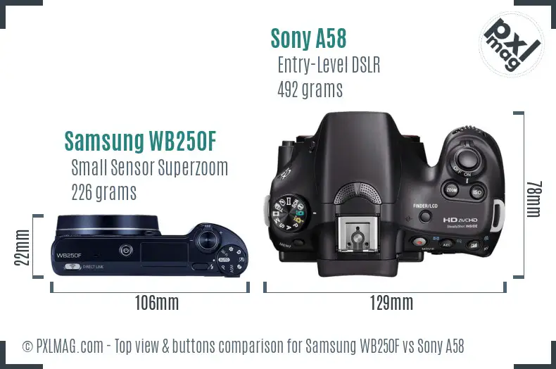 Samsung WB250F vs Sony A58 top view buttons comparison