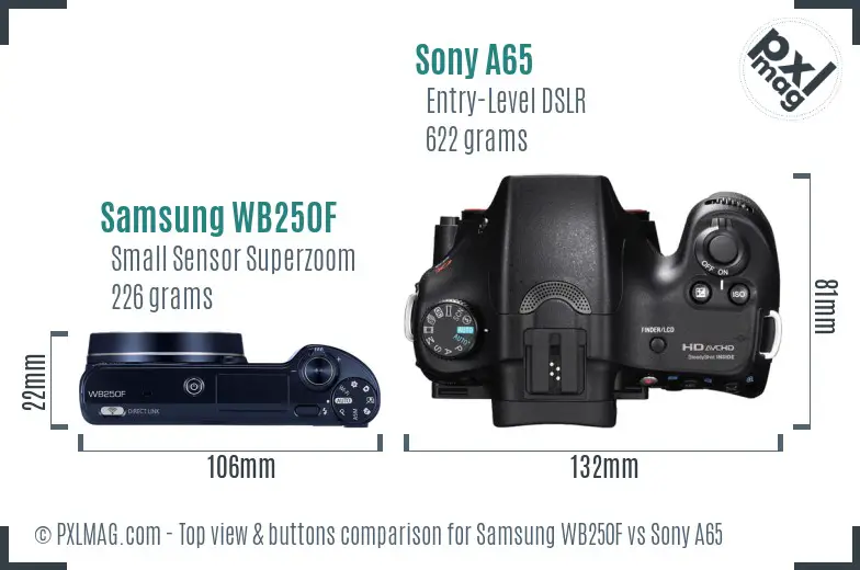 Samsung WB250F vs Sony A65 top view buttons comparison Samsung WB250F vs Sony A65 top view buttons comparison