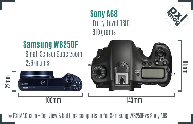 Samsung WB250F vs Sony A68 top view buttons comparison