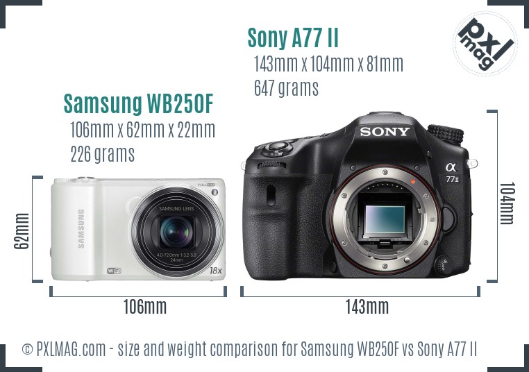 Samsung WB250F vs Sony A77 II size comparison