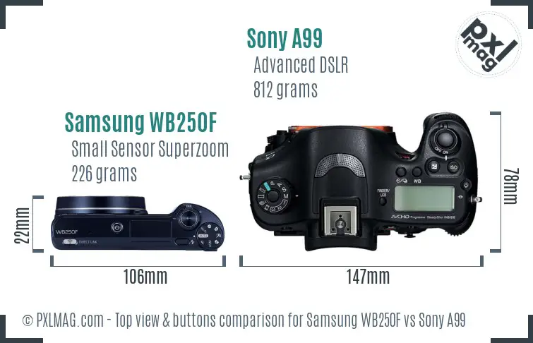 Samsung WB250F vs Sony A99 top view buttons comparison