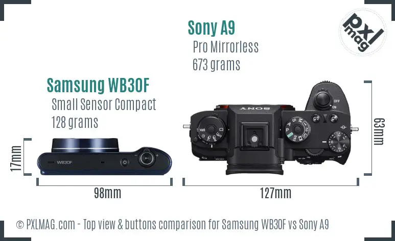 Samsung WB30F vs Sony A9 top view buttons comparison