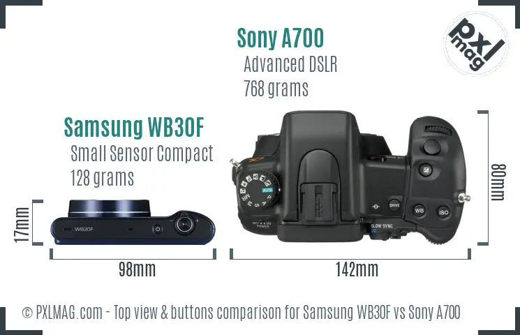 Samsung WB30F vs Sony A700 top view buttons comparison