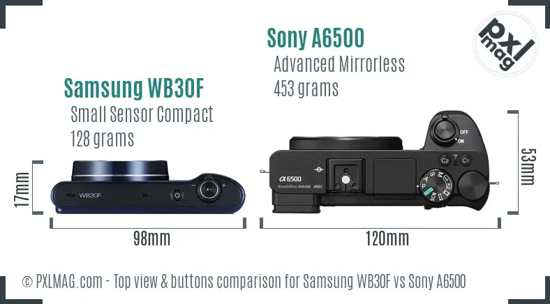 Samsung WB30F vs Sony A6500 top view buttons comparison