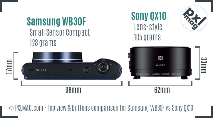 Samsung WB30F vs Sony QX10 top view buttons comparison