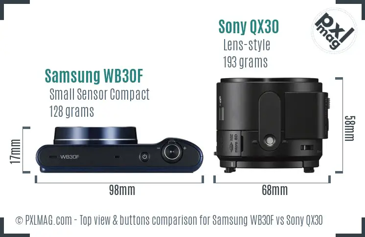 Samsung WB30F vs Sony QX30 top view buttons comparison Samsung WB30F vs Sony QX30 top view buttons comparison