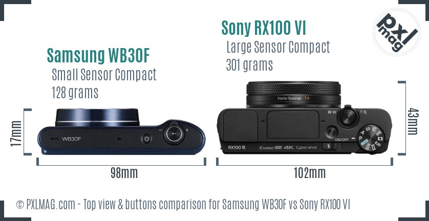Samsung WB30F vs Sony RX100 VI top view buttons comparison