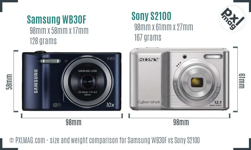 Samsung WB30F vs Sony S2100 size comparison