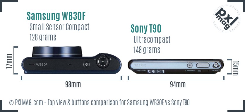Samsung WB30F vs Sony T90 top view buttons comparison