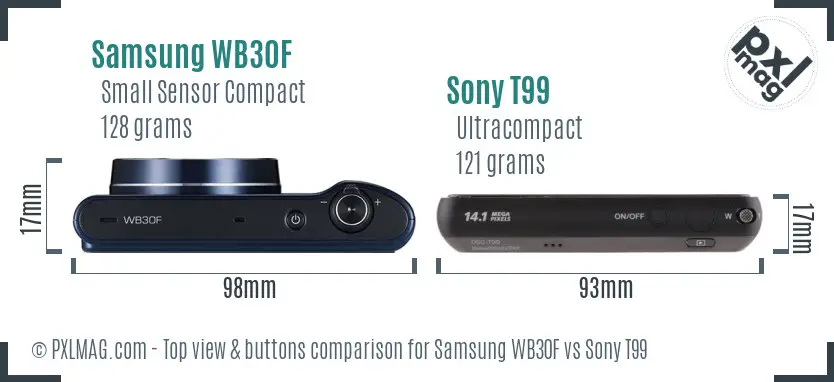 Samsung WB30F vs Sony T99 top view buttons comparison Samsung WB30F vs Sony T99 top view buttons comparison