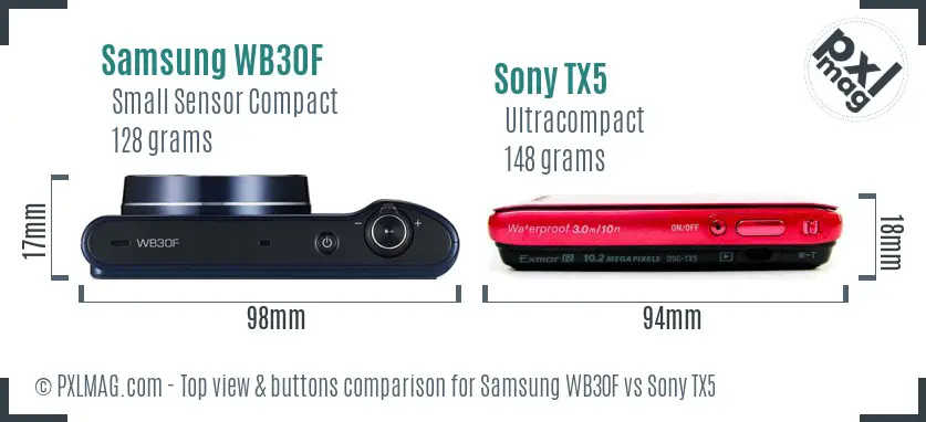 Samsung WB30F vs Sony TX5 top view buttons comparison Samsung WB30F vs Sony TX5 top view buttons comparison