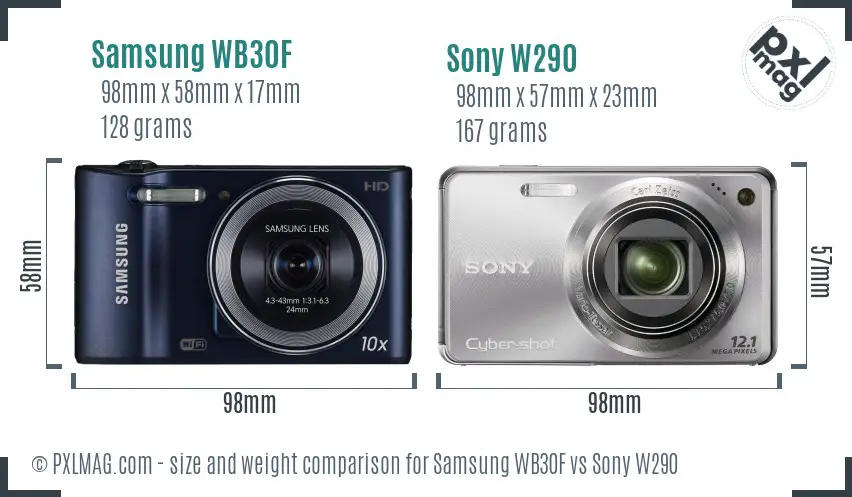 Samsung WB30F vs Sony W290 size comparison