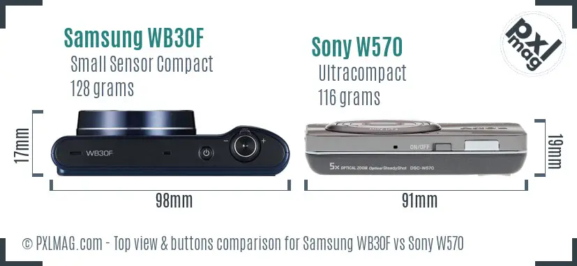 Samsung WB30F vs Sony W570 top view buttons comparison Samsung WB30F vs Sony W570 top view buttons comparison
