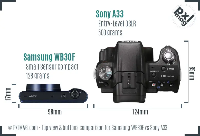 Samsung WB30F vs Sony A33 top view buttons comparison Samsung WB30F vs Sony A33 top view buttons comparison