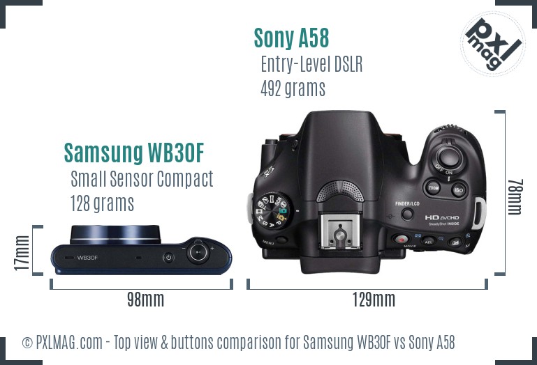 Samsung WB30F vs Sony A58 top view buttons comparison
