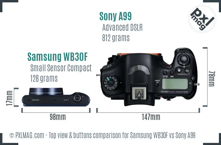 Samsung WB30F vs Sony A99 top view buttons comparison Samsung WB30F vs Sony A99 top view buttons comparison