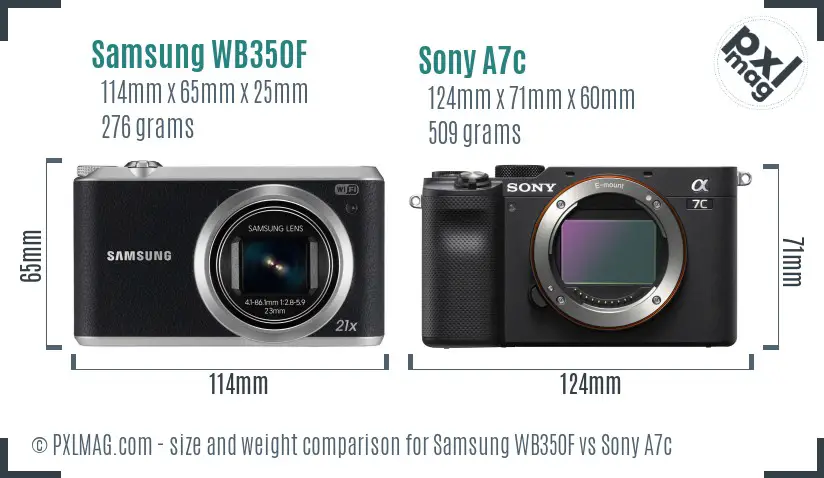 Samsung WB350F vs Sony A7c size comparison