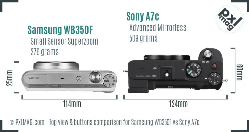 Samsung WB350F vs Sony A7c top view buttons comparison