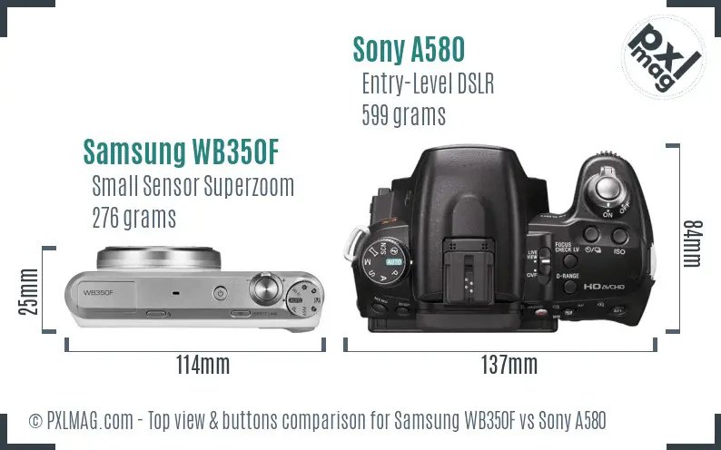 Samsung WB350F vs Sony A580 top view buttons comparison Samsung WB350F vs Sony A580 top view buttons comparison