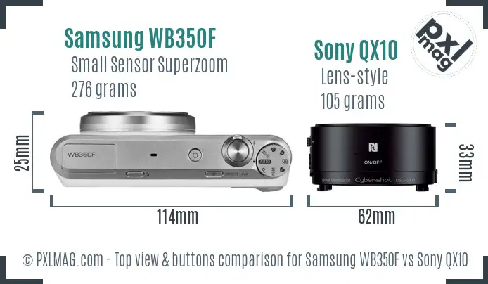 Samsung WB350F vs Sony QX10 top view buttons comparison