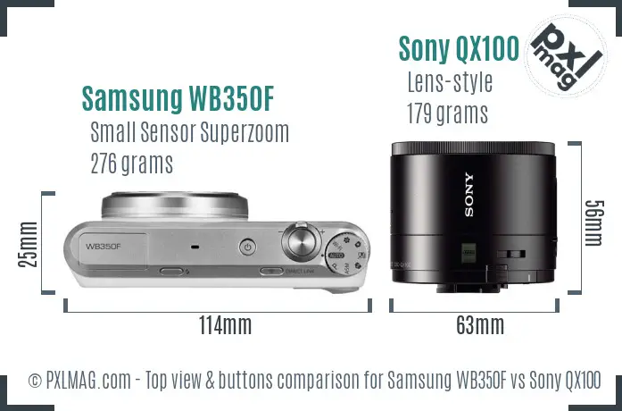 Samsung WB350F vs Sony QX100 top view buttons comparison