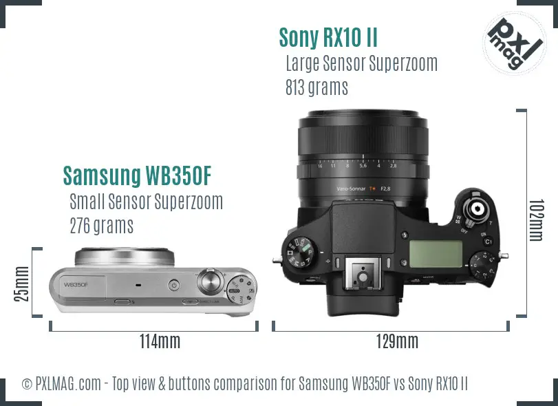 Samsung WB350F vs Sony RX10 II top view buttons comparison