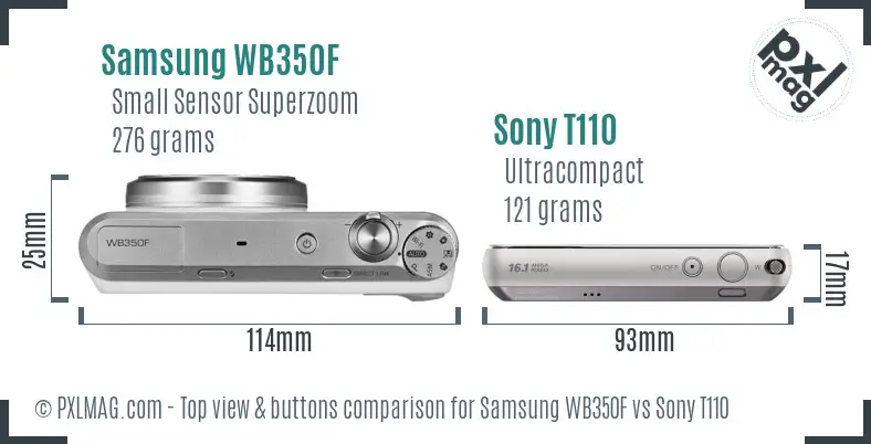 Samsung WB350F vs Sony T110 top view buttons comparison