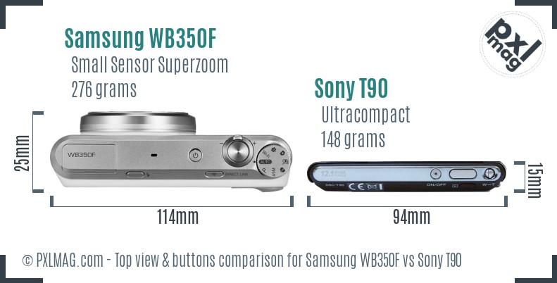 Samsung WB350F vs Sony T90 top view buttons comparison