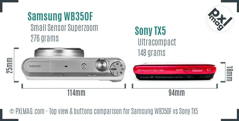 Samsung WB350F vs Sony TX5 top view buttons comparison