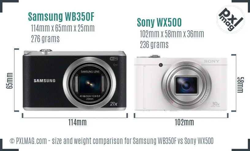 Samsung WB350F vs Sony WX500 size comparison