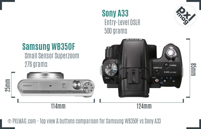 Samsung WB350F vs Sony A33 top view buttons comparison Samsung WB350F vs Sony A33 top view buttons comparison