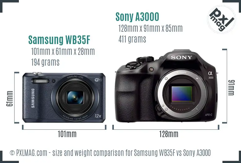 Samsung WB35F vs Sony A3000 size comparison