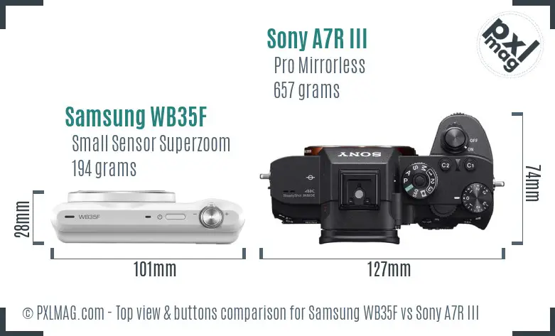 Samsung WB35F vs Sony A7R III top view buttons comparison