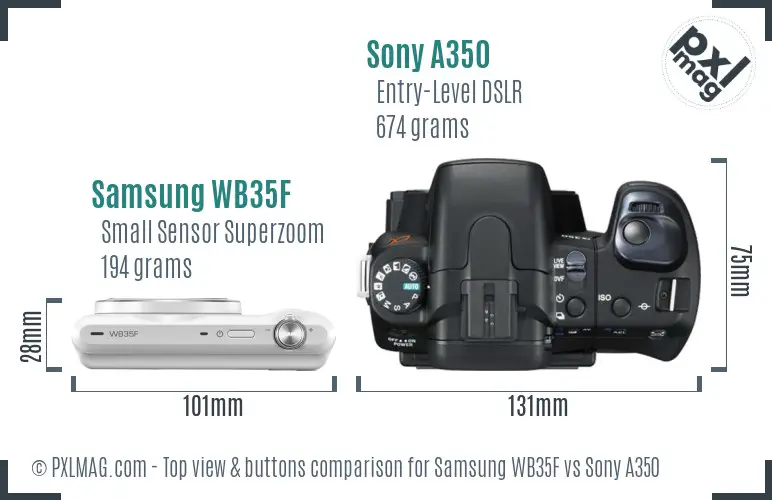 Samsung WB35F vs Sony A350 top view buttons comparison Samsung WB35F vs Sony A350 top view buttons comparison