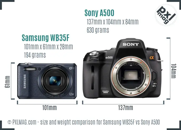 Samsung WB35F vs Sony A500 size comparison