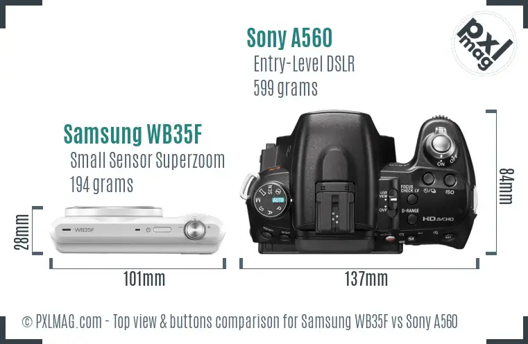 Samsung WB35F vs Sony A560 top view buttons comparison Samsung WB35F vs Sony A560 top view buttons comparison