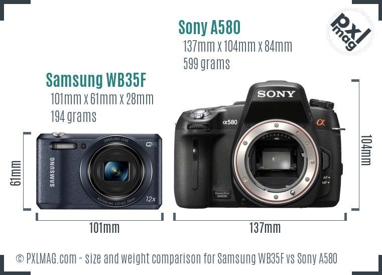 Samsung WB35F vs Sony A580 size comparison