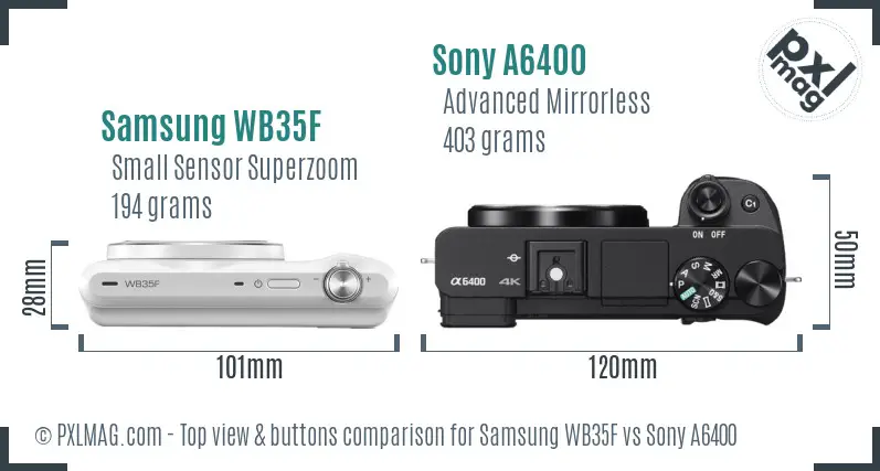 Samsung WB35F vs Sony A6400 top view buttons comparison Samsung WB35F vs Sony A6400 top view buttons comparison