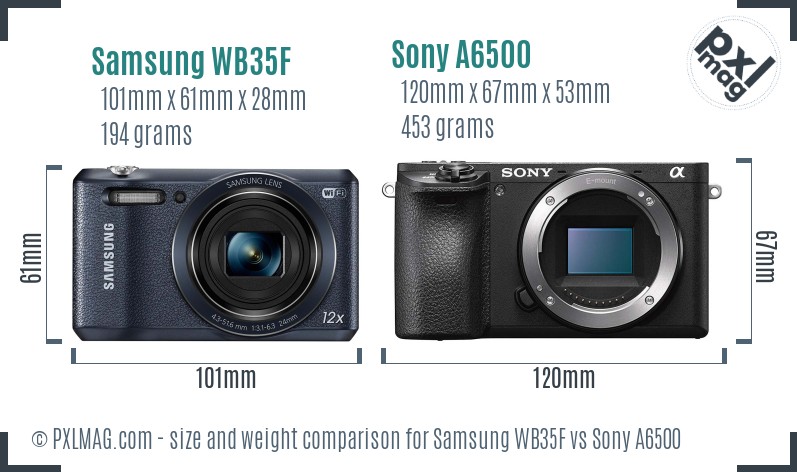 Samsung WB35F vs Sony A6500 size comparison