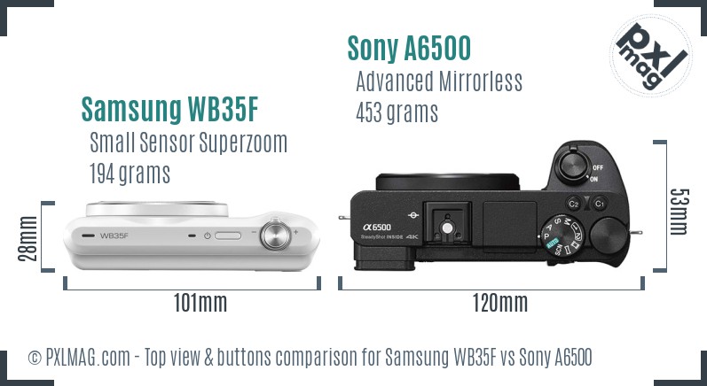 Samsung WB35F vs Sony A6500 top view buttons comparison