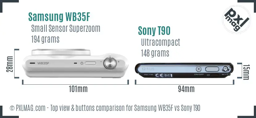 Samsung WB35F vs Sony T90 top view buttons comparison Samsung WB35F vs Sony T90 top view buttons comparison