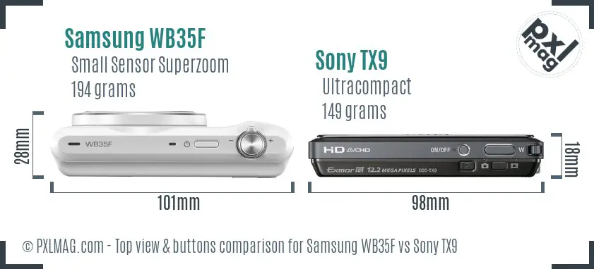 Samsung WB35F vs Sony TX9 top view buttons comparison Samsung WB35F vs Sony TX9 top view buttons comparison