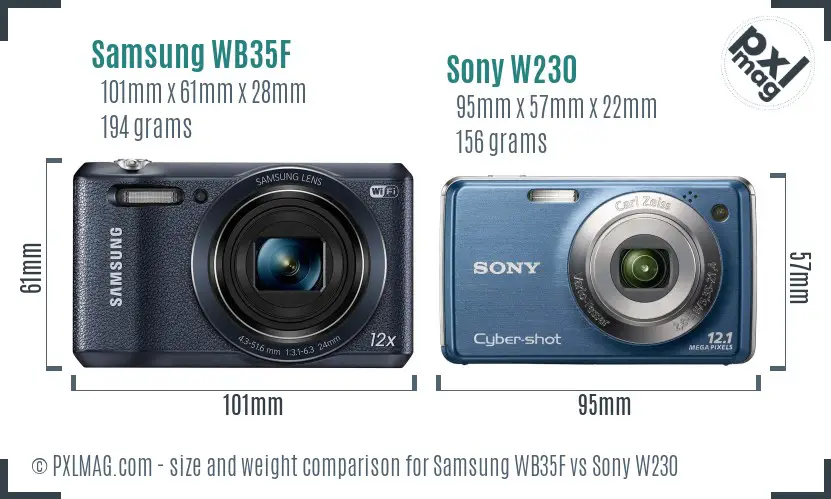Samsung WB35F vs Sony W230 size comparison